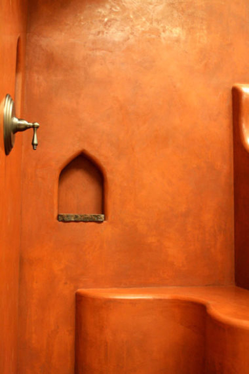 Oriental shower box in natural tadelakt plaster, terracotta red color