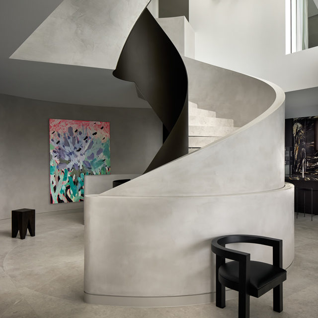 Australian villa's staircase coated in Marmorino Venetian plaster